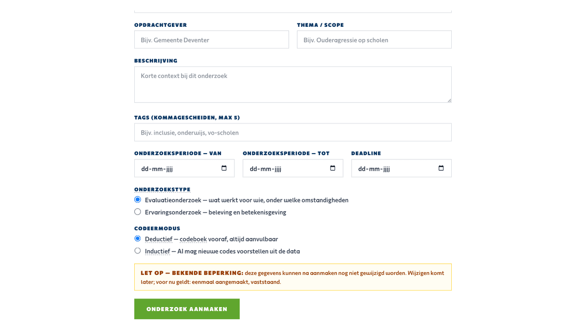 Intake-formulier nieuw onderzoek, met onderzoekstype en codeermodus
